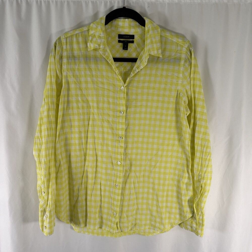J Crew Boy Button Down Shirt Women's 6 Yellow White Plaid Long Sleeve Collared